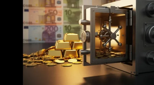 Lingots et pièces d'or dans un coffre-fort ouvert avec des billets euros en arrière-plan flou