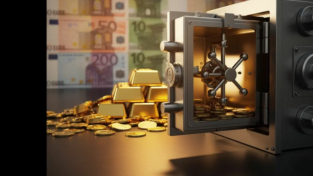 Lingots et pièces d'or dans un coffre-fort ouvert avec des billets euros en arrière-plan flou