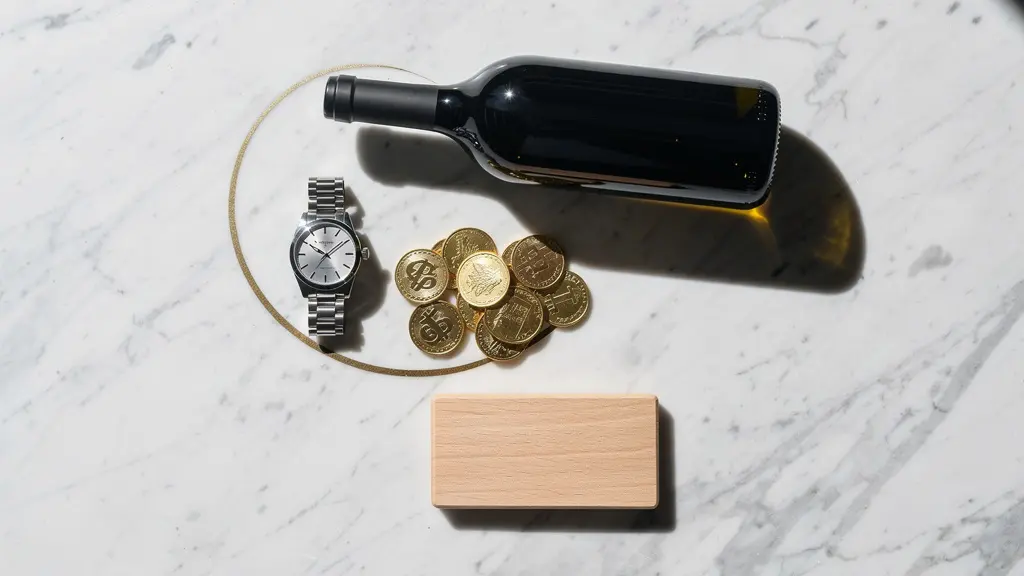 Vue aérienne minimaliste d'actifs tangibles disposés avec élégance, comparant montre, vin, or et bois.
