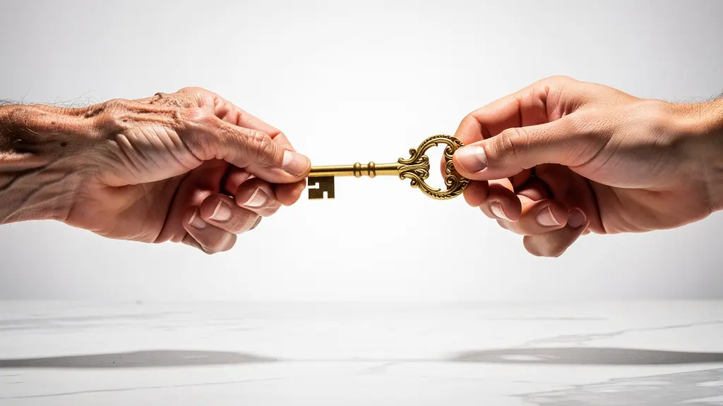 Parent remettant symboliquement une aide financière à son enfant adulte