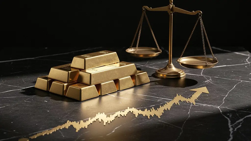 Vue conceptuelle mêlant lingots d'or et graphiques économiques symbolisant l'analyse fondamentale du prix de l'or