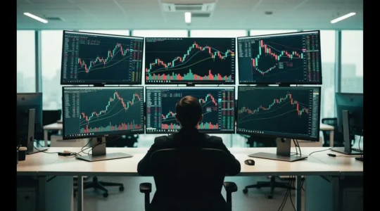 Trader analysant des graphiques boursiers complexes sur plusieurs écrans dans un environnement professionnel moderne