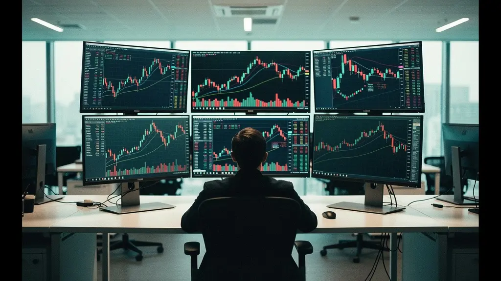 Trader analysant des graphiques boursiers complexes sur plusieurs écrans dans un environnement professionnel moderne
