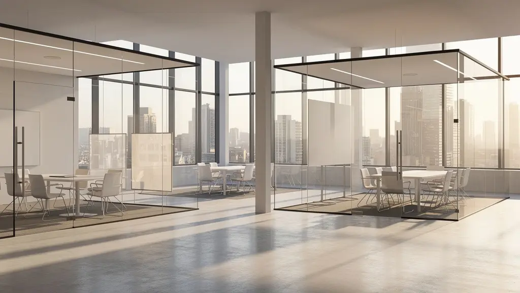 Espace de bureaux moderne transformable avec zones modulaires et lumière naturelle