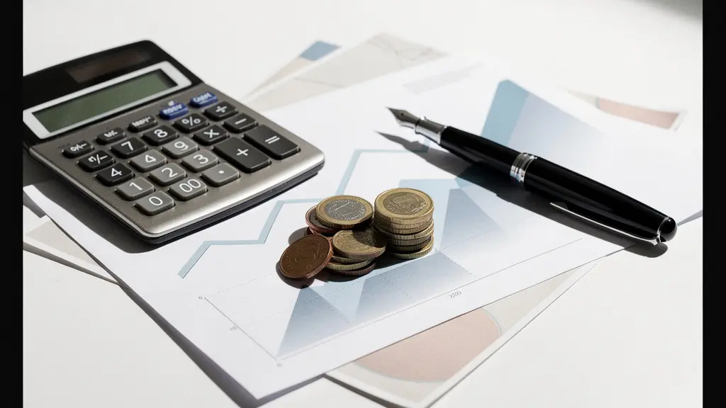 Vue d'ensemble d'un bureau professionnel avec calculatrice et graphiques abstraits