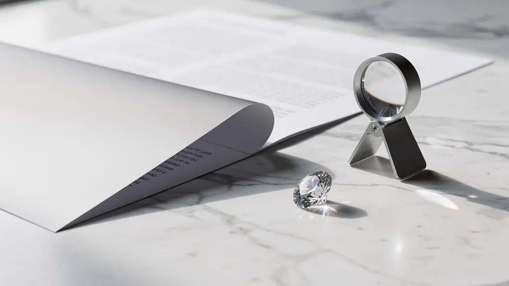 Certificat GIA posé sur table avec loupe de bijoutier examinant un diamant, angle de trois quarts