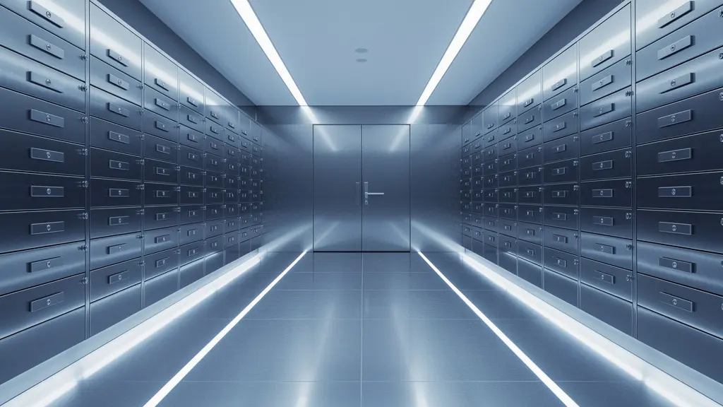 Vue grand angle d'une salle de coffres privés moderne avec éclairage tamisé