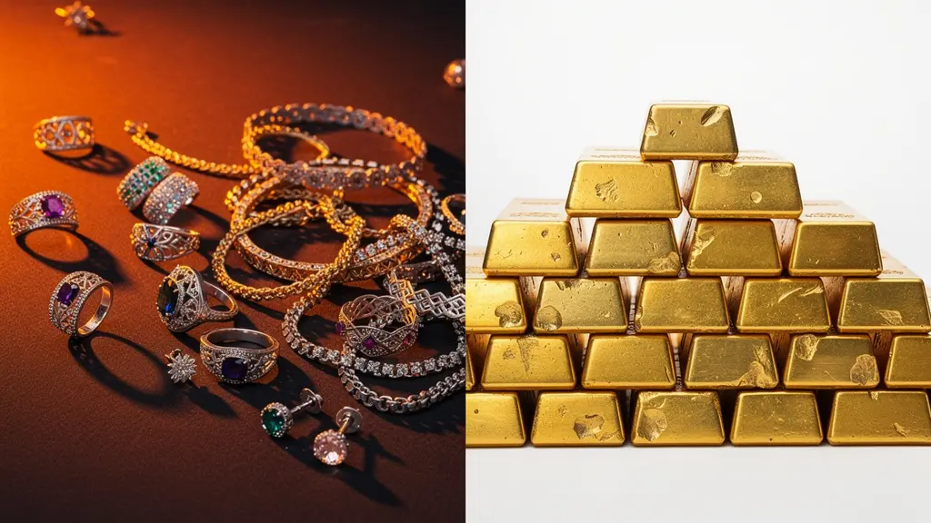 Comparaison visuelle entre bijoux en or et lingots d'investissement