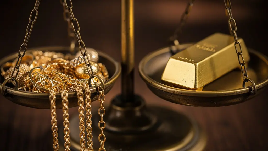 Balance symbolique pesant la fiscalité entre bijoux et lingots d'or