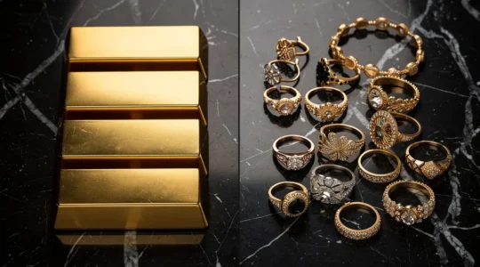 Comparaison visuelle entre des lingots d'or pur et des bijoux en or 18 carats sur une surface de marbre sombre