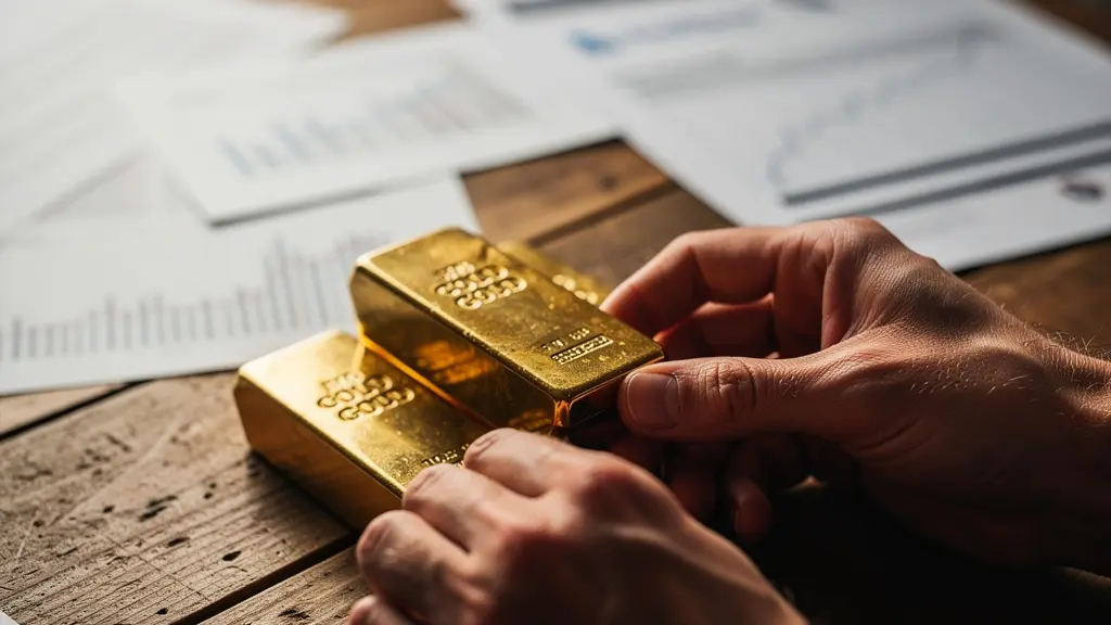 Lingots d'or posés à côté de documents financiers flous en arrière-plan