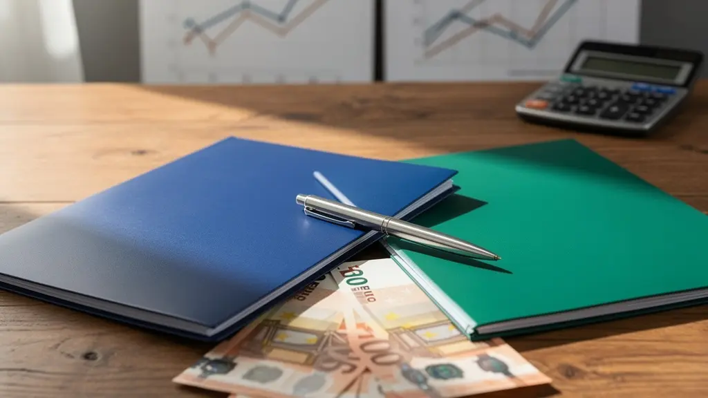 Deux documents d'investissement posés sur un bureau en bois avec calculatrice et graphiques financiers