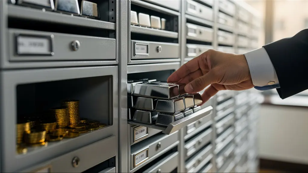 Coffre-fort ouvert montrant la différence de volume entre or, argent et platine pour une même valeur