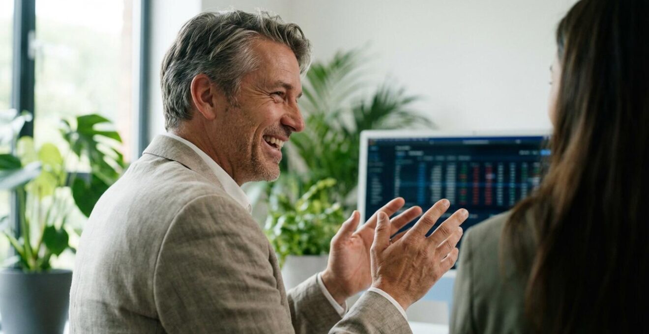 Conseiller en gestion de patrimoine discutant allocation SCPI avec un client