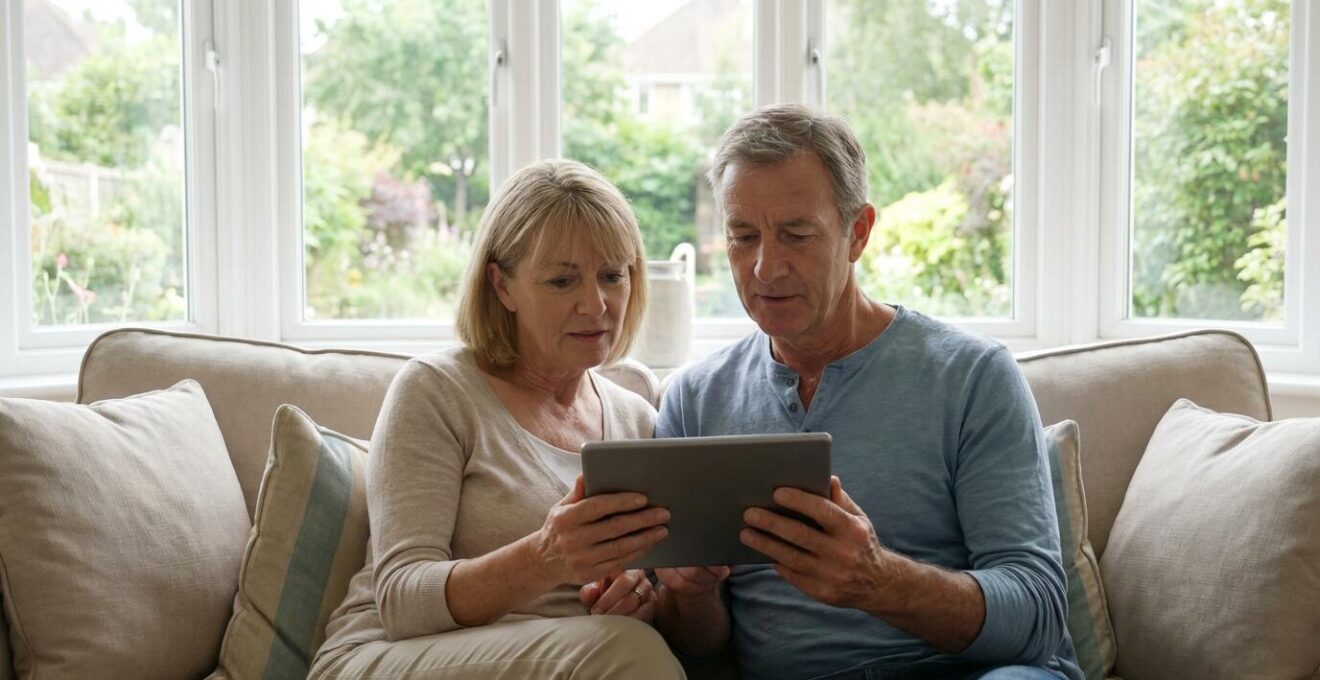 Couple quinquagénaire consultant une tablette pour diversifier leur épargne SCPI dans leur salon