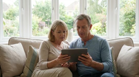 Couple quinquagénaire consultant une tablette pour diversifier leur épargne SCPI dans leur salon