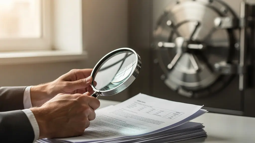 Professionnel analysant des documents de régulation financière dans un bureau moderne avec symboles de sécurité