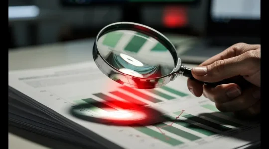 Analyse détaillée d'un rapport ESG avec loupe grossissante révélant des incohérences cachées