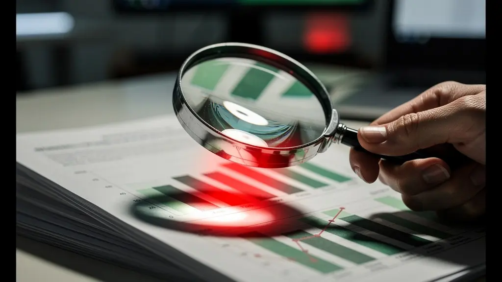 Analyse détaillée d'un rapport ESG avec loupe grossissante révélant des incohérences cachées