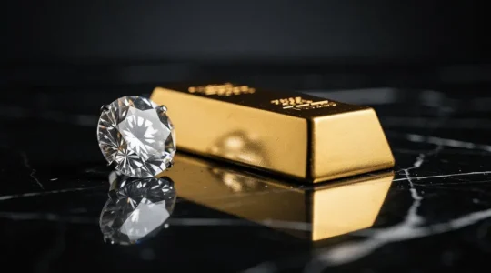 Diamant brillant et lingot d'or juxtaposés sur une surface noire réfléchissante avec éclairage dramatique