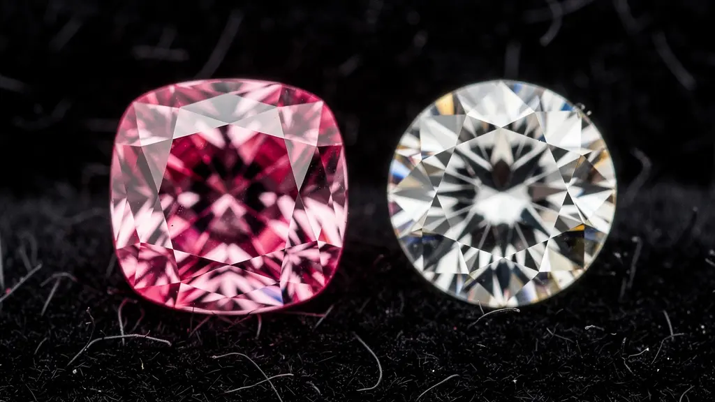 Diamant rose Argyle intense posé à côté d'un diamant blanc brillant sur velours noir