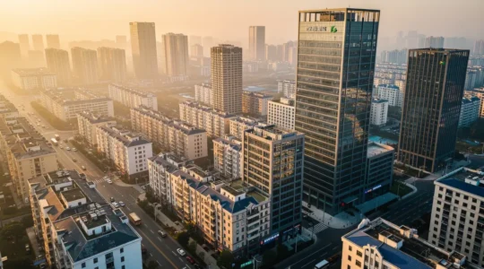 Vue aérienne symbolique d'un quartier urbain moderne avec immeubles résidentiels et bureaux, baignés dans une lumière dorée