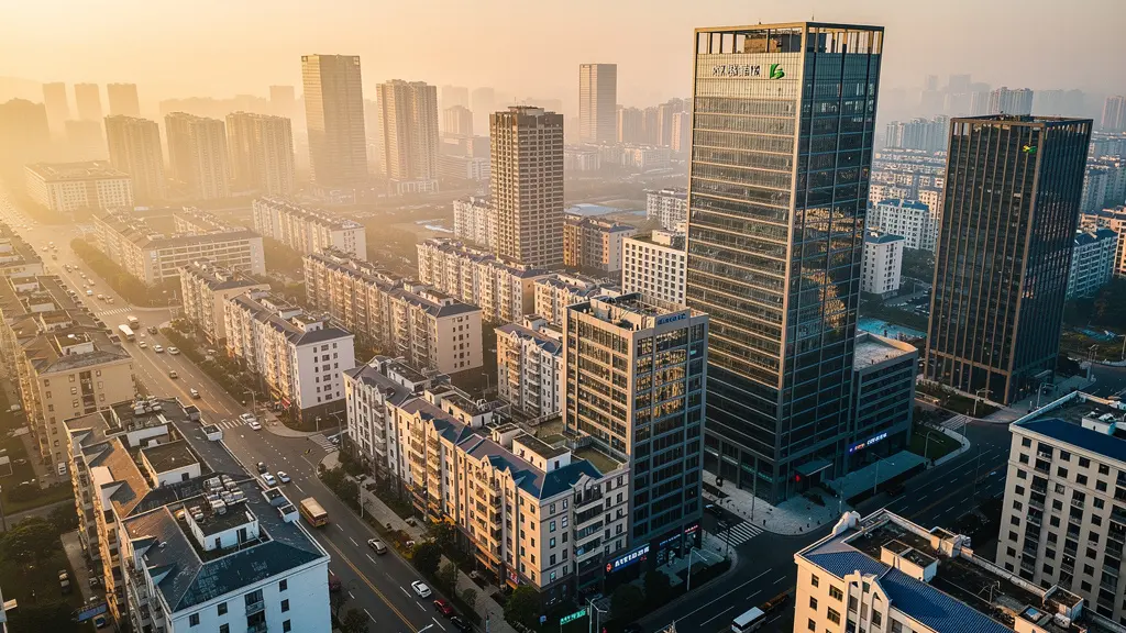 Vue aérienne symbolique d'un quartier urbain moderne avec immeubles résidentiels et bureaux, baignés dans une lumière dorée