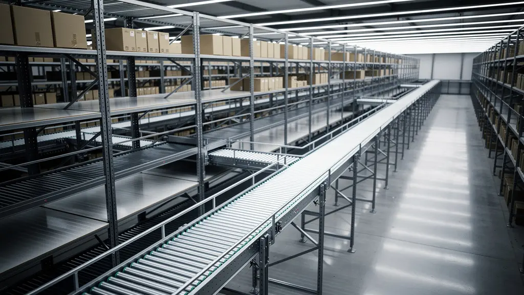 Vue intérieure d'un entrepôt logistique moderne avec systèmes automatisés