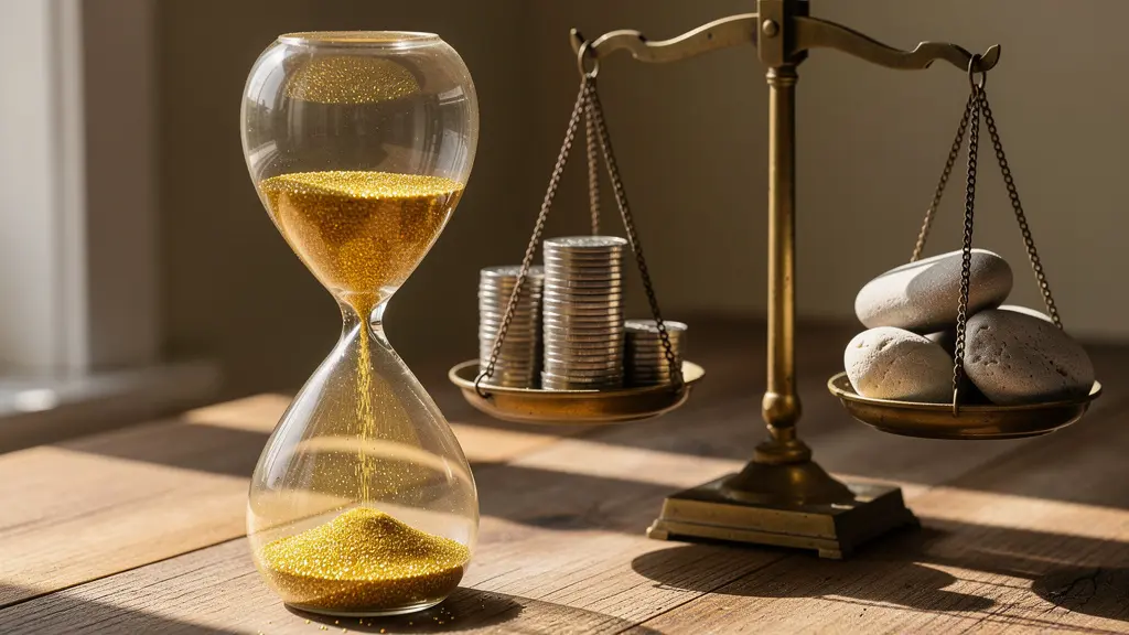 Balance équilibrée avec des pièces et un sablier représentant l'évolution de l'allocation d'actifs avec l'âge.