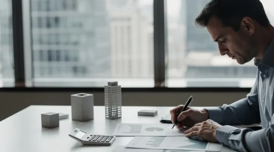 Investisseur analysant des documents financiers pour un investissement SCPI à crédit avec calculatrice et graphiques de rendement