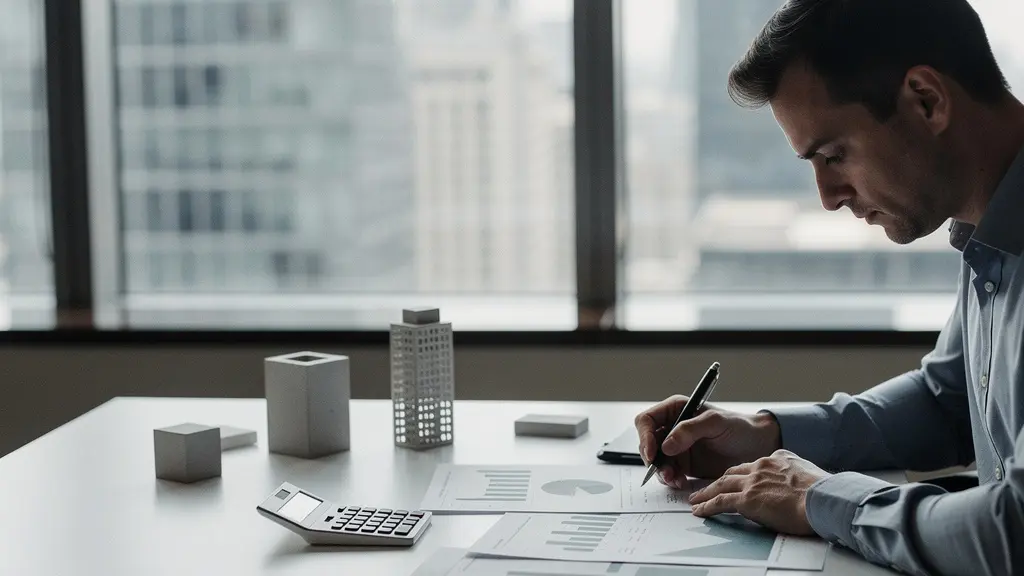 Investisseur analysant des documents financiers pour un investissement SCPI à crédit avec calculatrice et graphiques de rendement