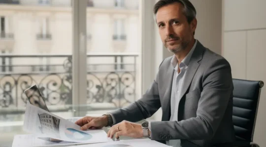 Un investisseur étudie des documents financiers sur les SCPI dans un bureau français moderne