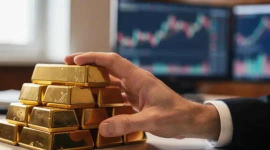 Un investisseur examine des lingots d'or tout en analysant des graphiques de marché dans un environnement professionnel