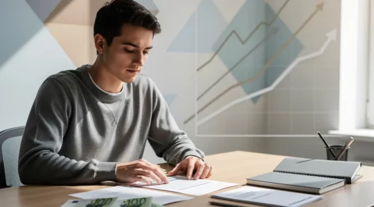 Jeune investisseur analysant des opportunités de placement avec des billets de 200 euros et une vue abstraite de graphiques boursiers