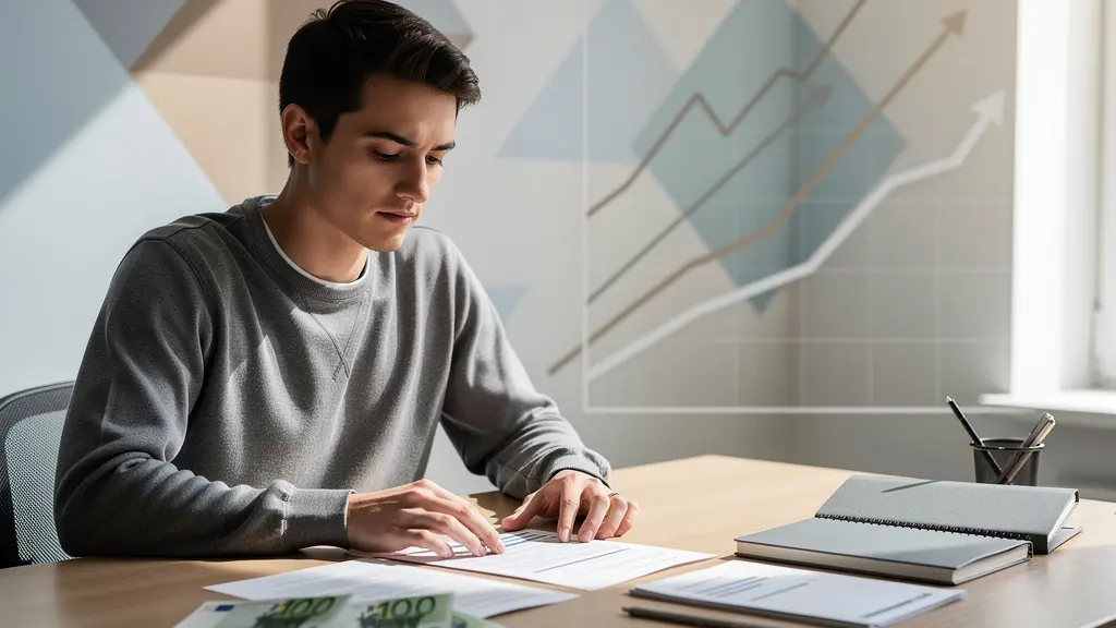Jeune investisseur analysant des opportunités de placement avec des billets de 200 euros et une vue abstraite de graphiques boursiers
