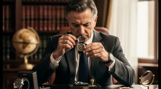 Investisseur analysant une montre de luxe à travers une loupe dans un intérieur sophistiqué