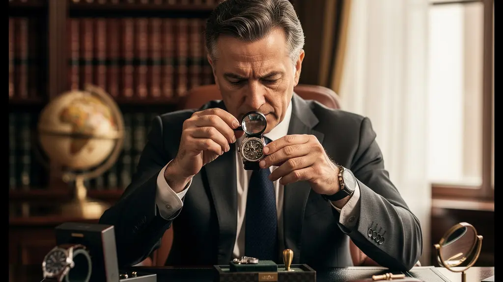 Investisseur analysant une montre de luxe à travers une loupe dans un intérieur sophistiqué
