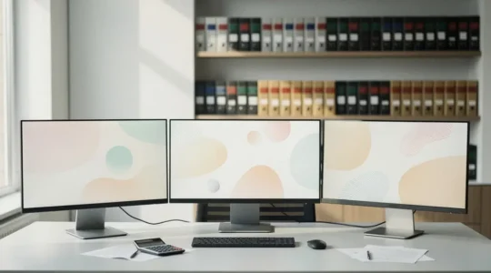 Bureau moderne avec écrans de trading et documents juridiques en arrière-plan flou