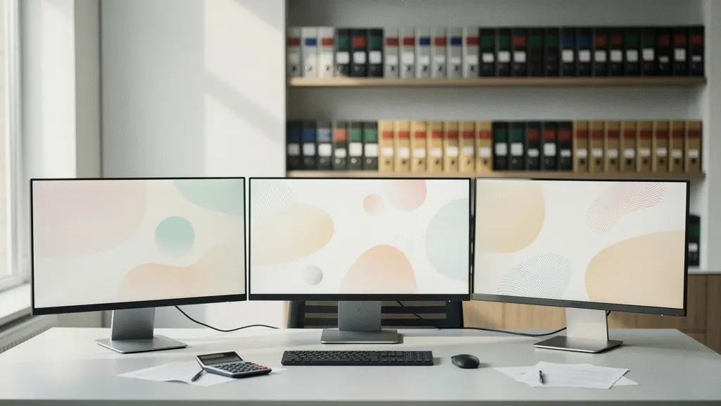 Bureau moderne avec écrans de trading et documents juridiques en arrière-plan flou