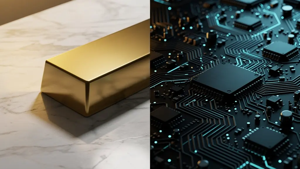 Contraste visuel entre un lingot d'or tangible et une représentation abstraite du Bitcoin