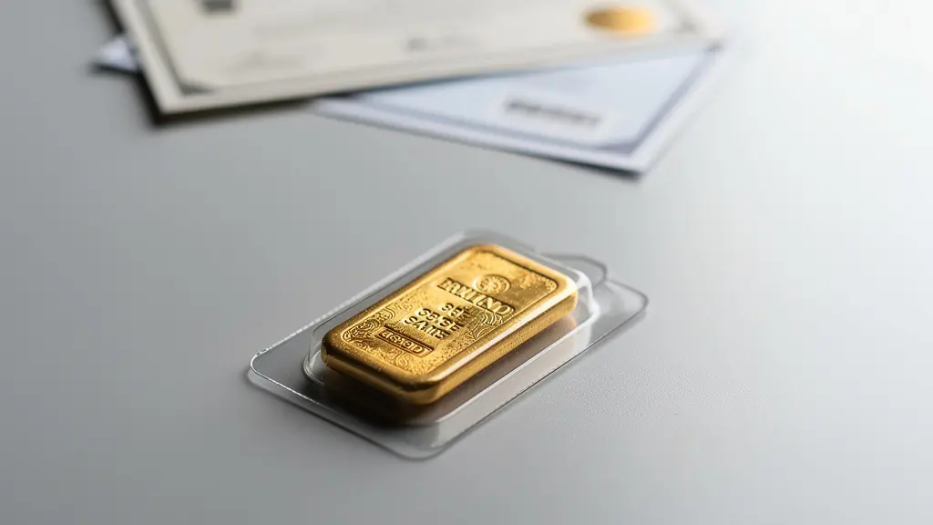 Lingot d'or dans son scellé sécurisé avec certificat flou en arrière-plan