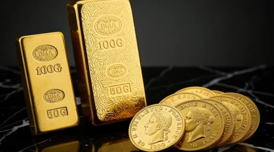 Lingots d'or certifiés et pièces Napoléon disposés sur une surface réfléchissante pour illustrer le choix d'investissement en or