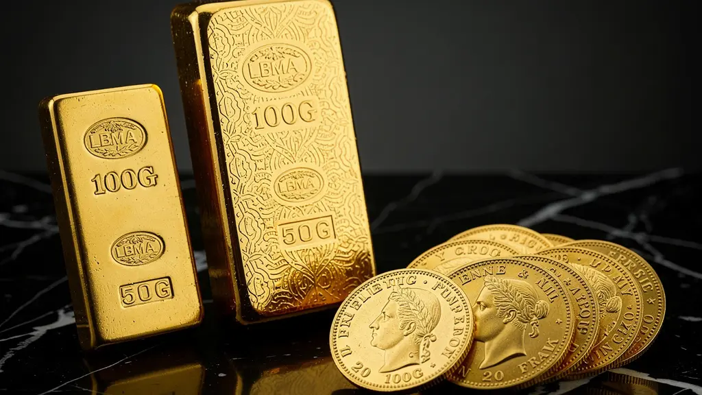 Lingots d'or certifiés et pièces Napoléon disposés sur une surface réfléchissante pour illustrer le choix d'investissement en or