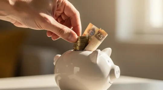 Main posant délicatement des pièces et billets dans une tirelire moderne, symbolisant l'épargne sécurisée du Livret A