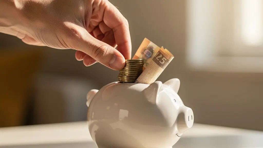 Main posant délicatement des pièces et billets dans une tirelire moderne, symbolisant l'épargne sécurisée du Livret A