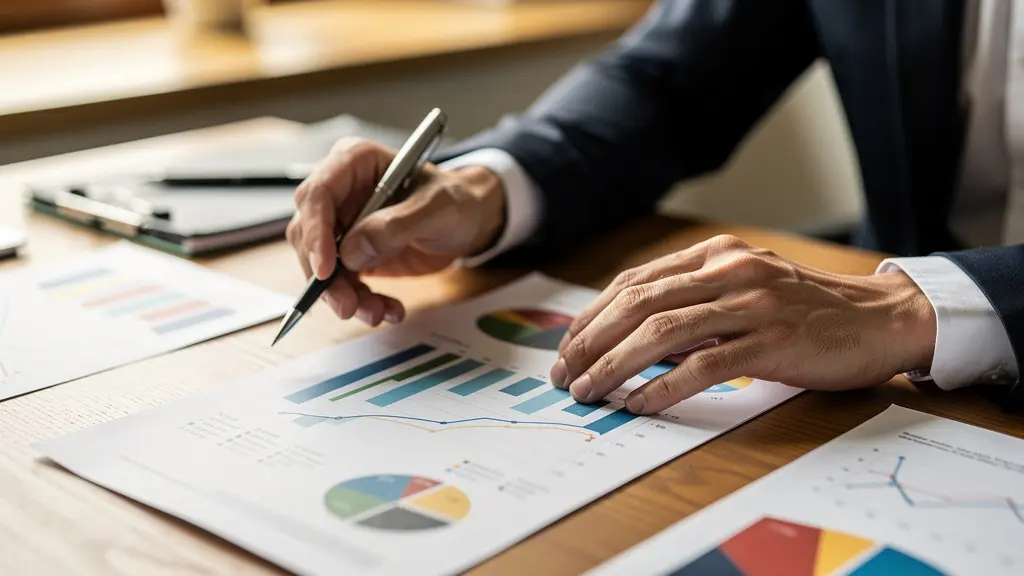 Mains d'investisseur examinant des graphiques et documents financiers sur une table en bois