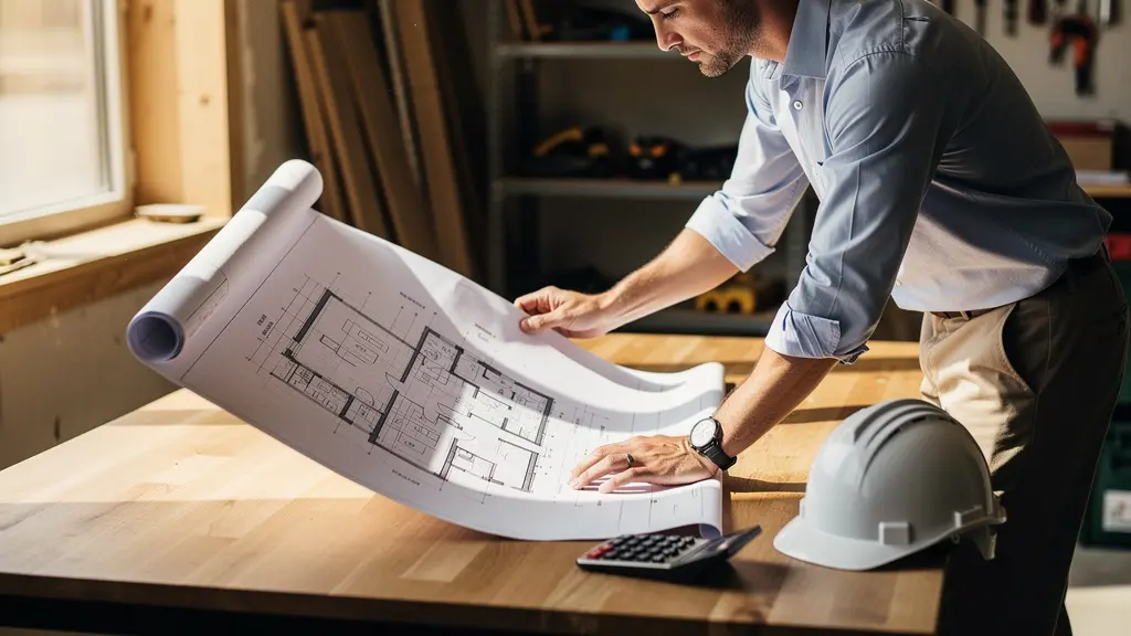 Promoteur immobilier examinant des plans de construction avec calculatrice