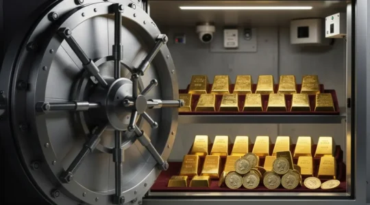 Lingots d'or et pièces Napoléon dans un coffre-fort sécurisé