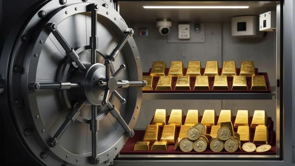 Lingots d'or et pièces Napoléon dans un coffre-fort sécurisé