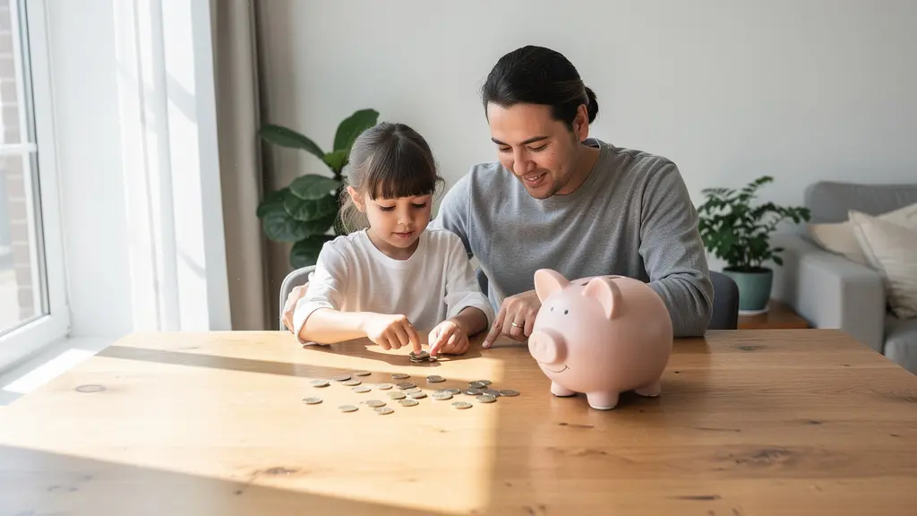 Parent et enfant comptant ensemble des pièces devant une tirelire, moment d'apprentissage financier